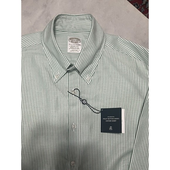 Brooks Brothers Soho Fit 15.5 33 Supine Oxford Polo Button Green Stripe NWT $140 - Picture 2 of 7